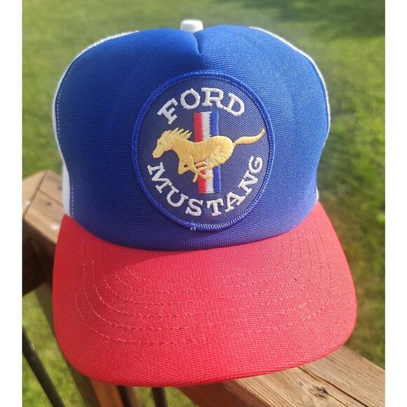 Vintage Ford Mustang Trucker Hat Mesh Red Blue White Patch USA SnapBack 80’s - Picture 1 of 7